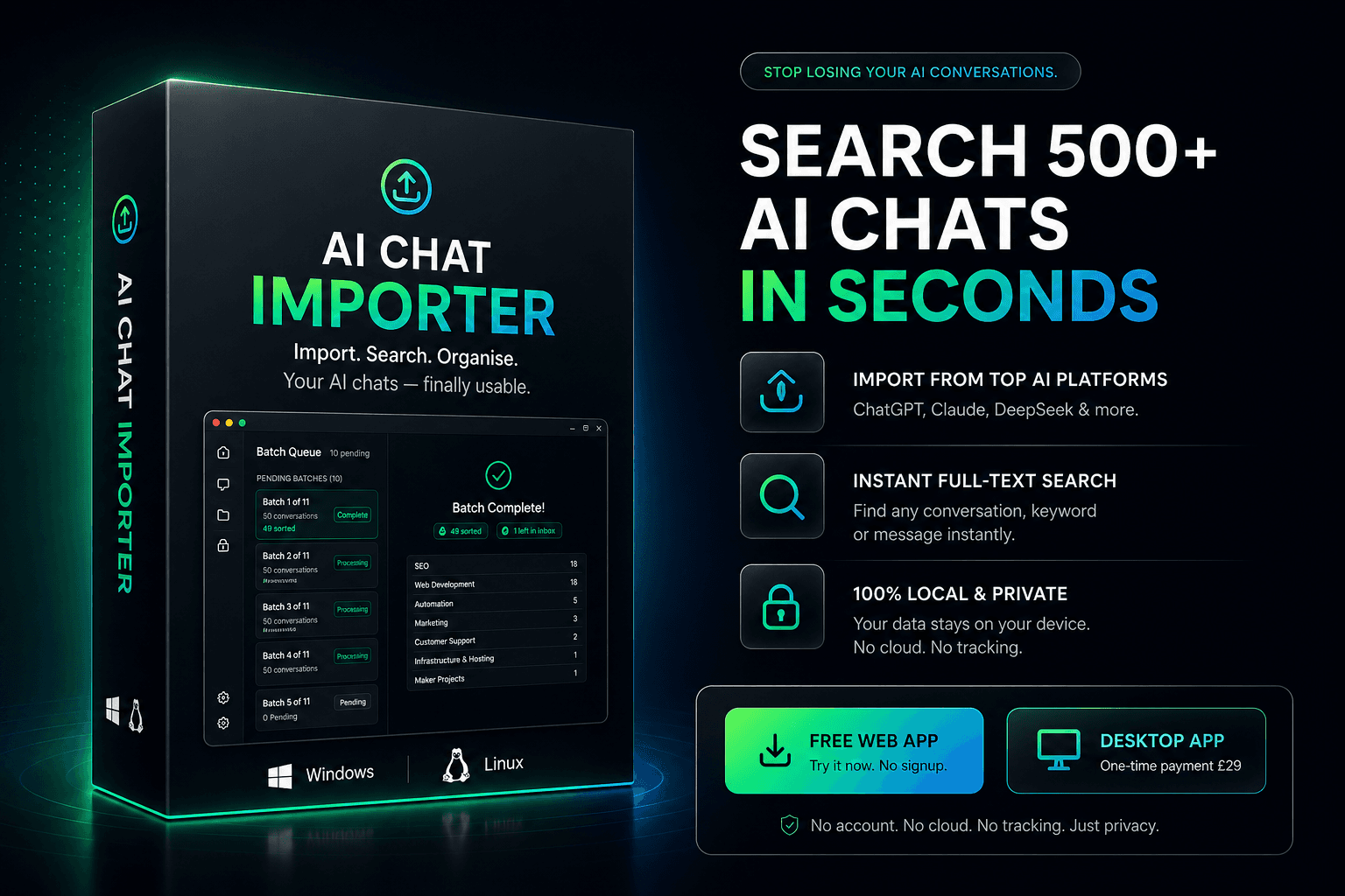 AI Chat Importer Desktop App for Windows and Linux — import, organise and search all your AI conversations