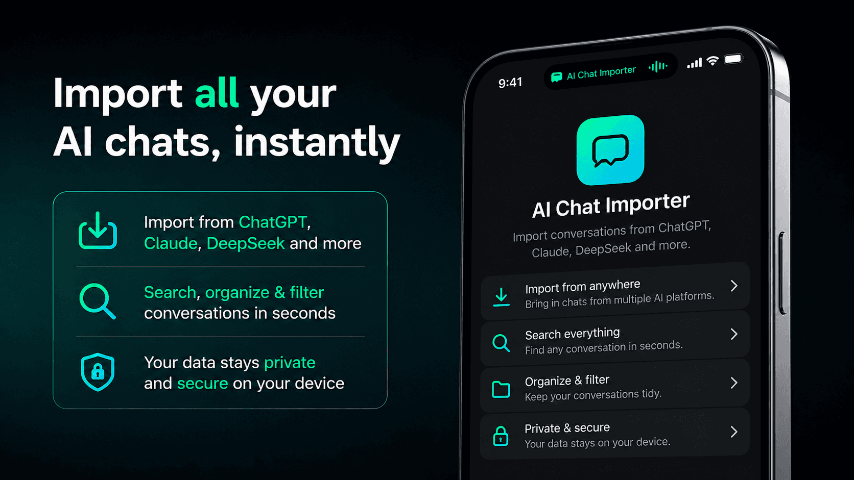 AI Chat Importer mobile app — import, search and organise ChatGPT, Claude and DeepSeek conversations privately on your device